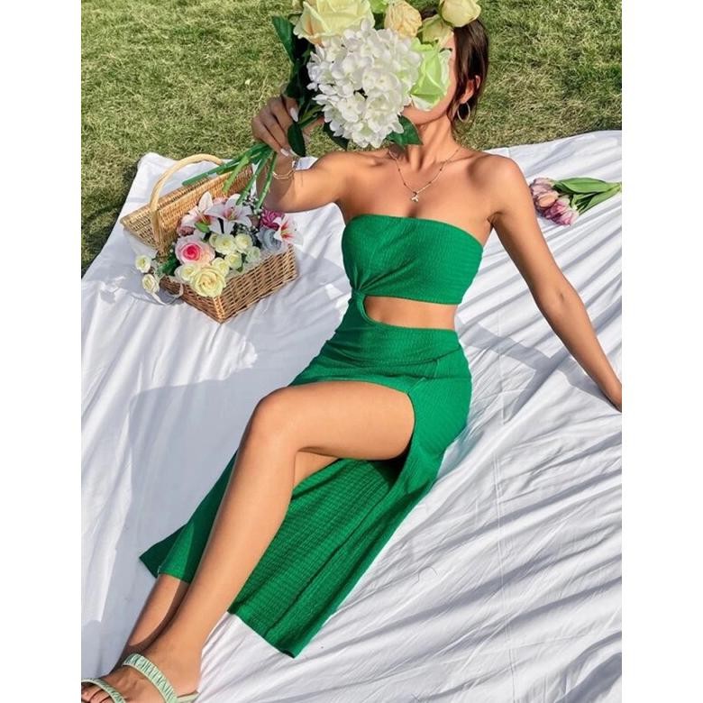 ready lady swimsuit summer dress sexy beachwear maxi strapless dress cut off premium import 8705 {te