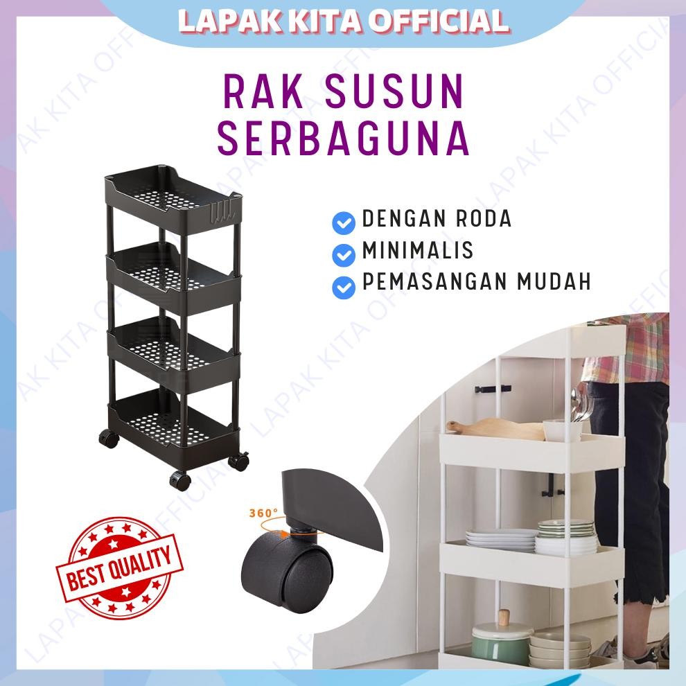 Rak susun serbaguna wadah rak plastik dengan roda 4 tingkat keranjang susun portable multifungsi