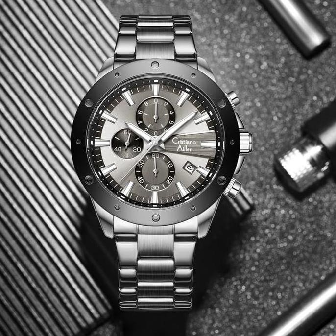 Sale Diskon Cristiano Aillen Jam Tangan Pria Analog 8897 Rantai Stainless Steel Chronograph Kaca Sap