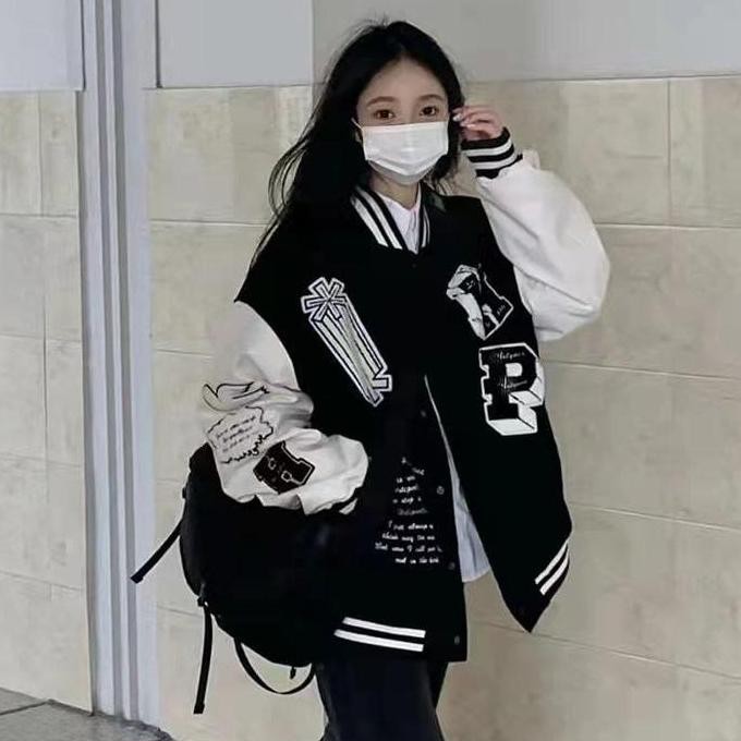 Jaket Varsity Baseball Hp Wanita Korean Style Kekinian Best Seller Katun Santai Slim-Fitting Polos B