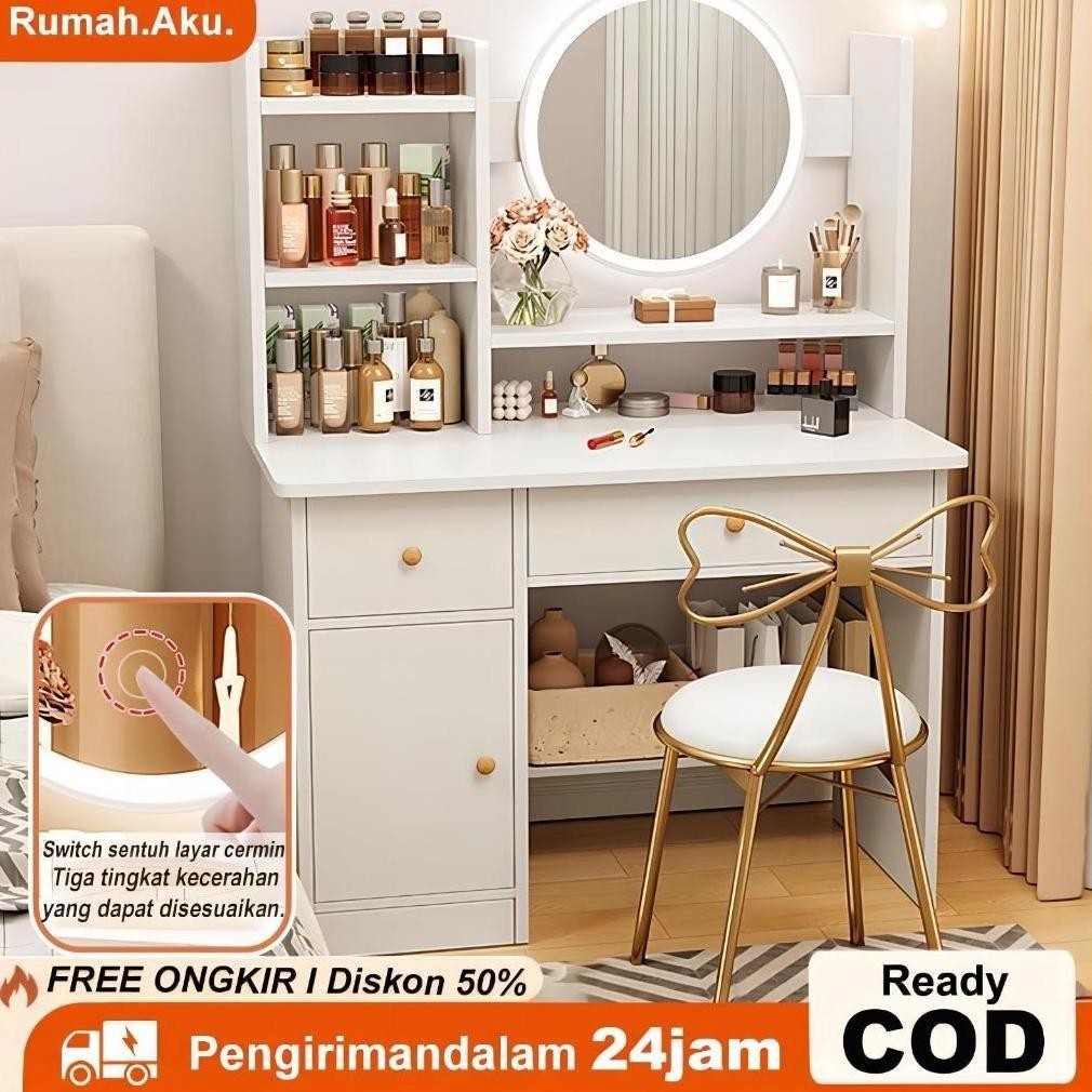 RA Meja rias kaca lampu LED /Meja Minimalis /Rak kosmetik / Meja perempuan /Meja Rias Kaca Bulat