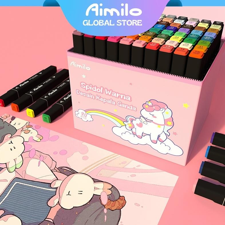 

Aimilo Spidol Warna Warni 1 Set Sketch Marker 2 Tips Kartun Marker Set 24/36/48/60/80 Warna