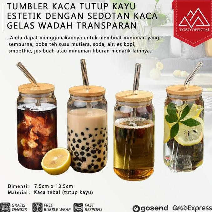 Produk Baru TUMBLER KACA TUTUP KAYU DENGAN SEDOTAN GELAS KOPI TEH GELAS KALENG