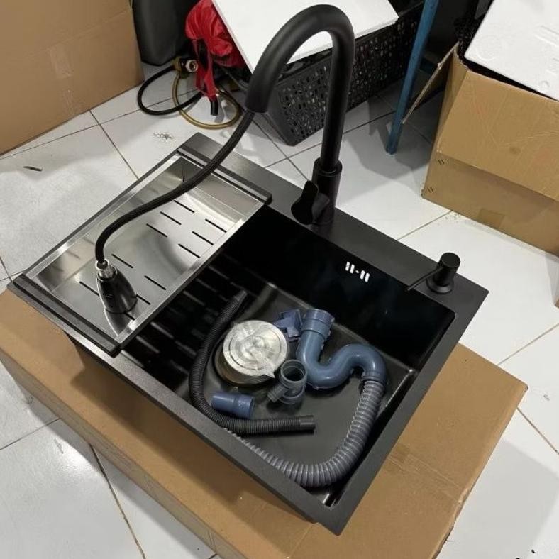 NEW Bak Cuci Piring 6045 BLACK Full Set Wastafel Dapur Stainless Bak Cuci Piring 1 Lubang