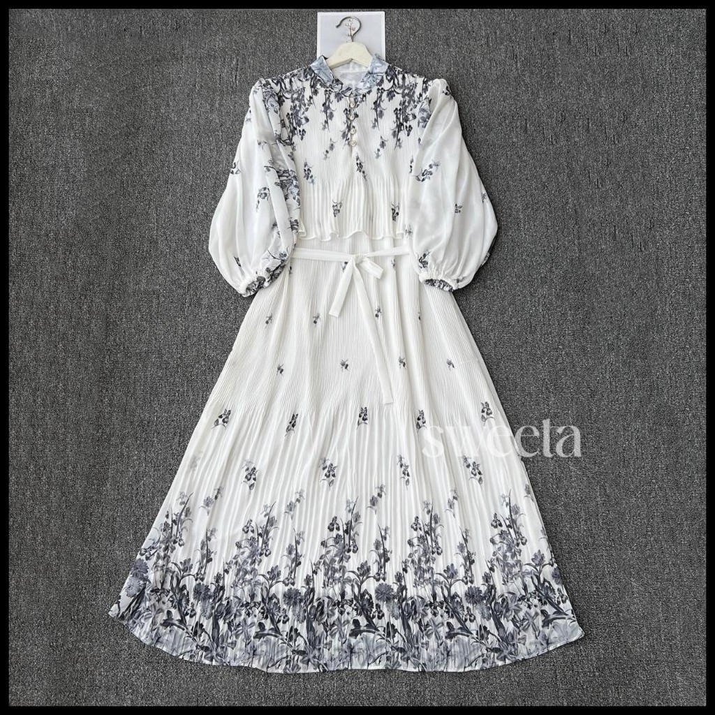 SWEETA | MIDI DRESS PLISKET DOUBLE LAYER LENGAN BALON  | LD 105CM | CERUTY FULL FURING | KOREA STYLE