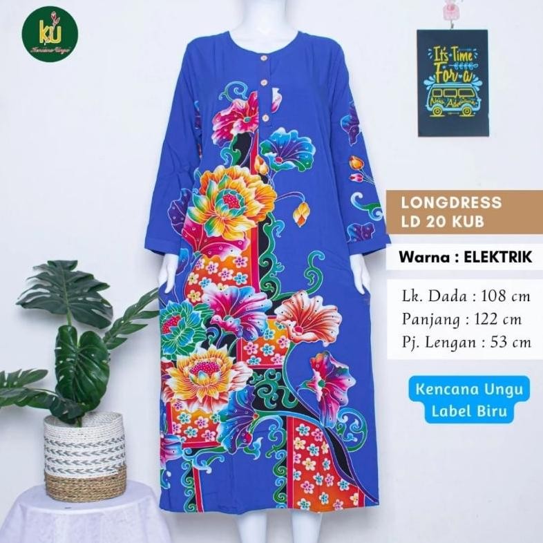 Ready Longdress Daster Lengan Panjang Premium Batik Kencana Ungu Label Biru Original Ld 120 Cm Katun