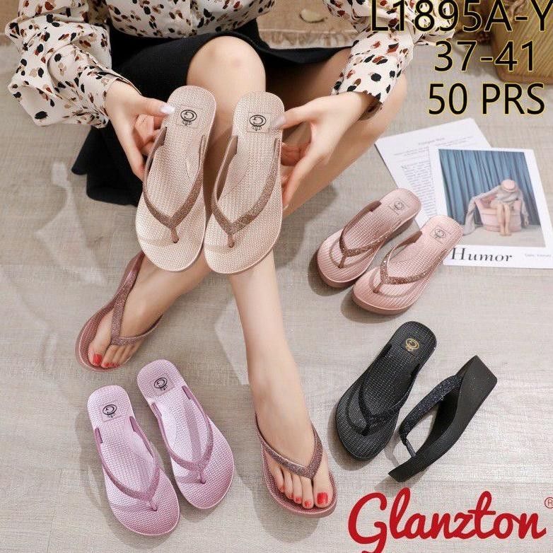 Sandal Jepit Wedges Gliter Wanita Import
