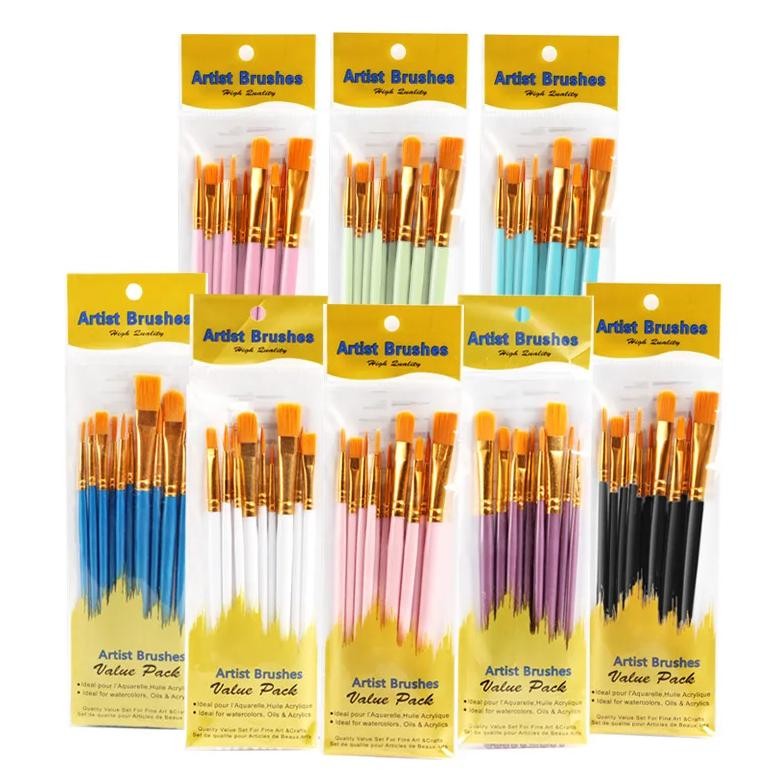 

10Pcs Plastic Short Rod Art Painting Watercolor Gouache Oil Brush Multi-Color Multi-Functional Nylon Hair Paint Brush Artist Set