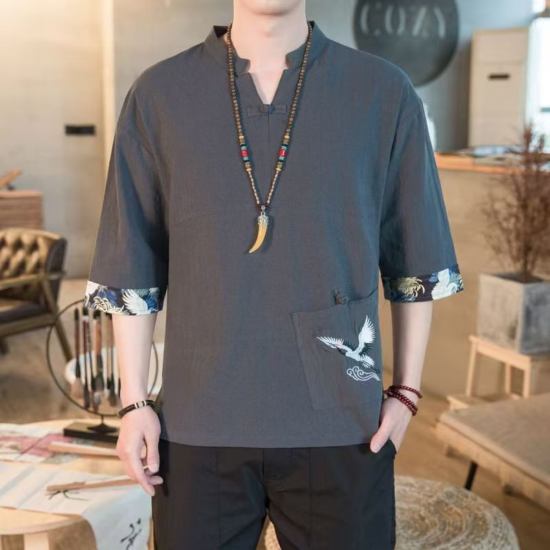 Kemeja Linen Lengan Pendek Pria T Atasan Patchwork Katun Linen Longgar