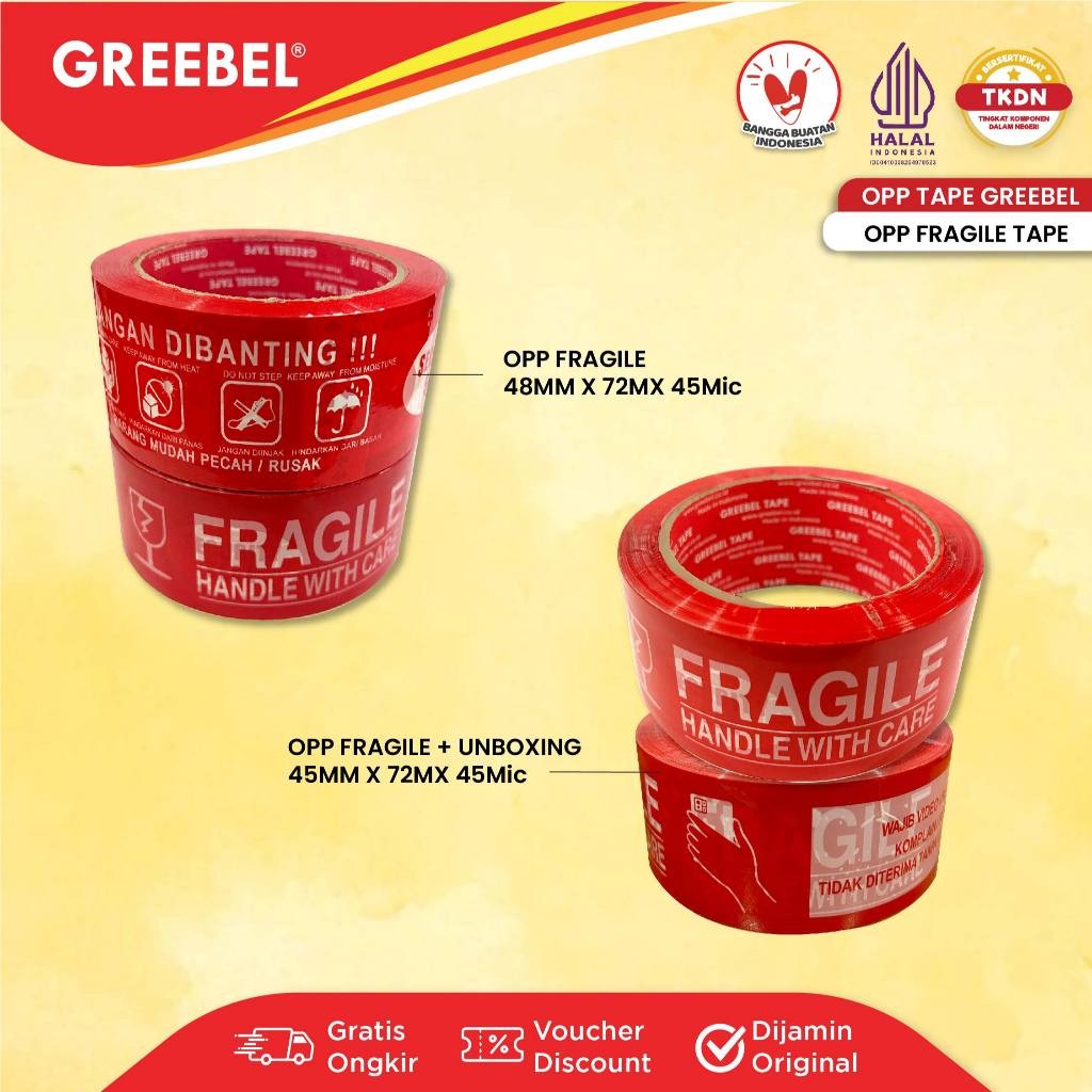 

GREEBEL Lakban Fragile / Selotip Fragile 72 YARD (PER PCS) / Opp Tape
