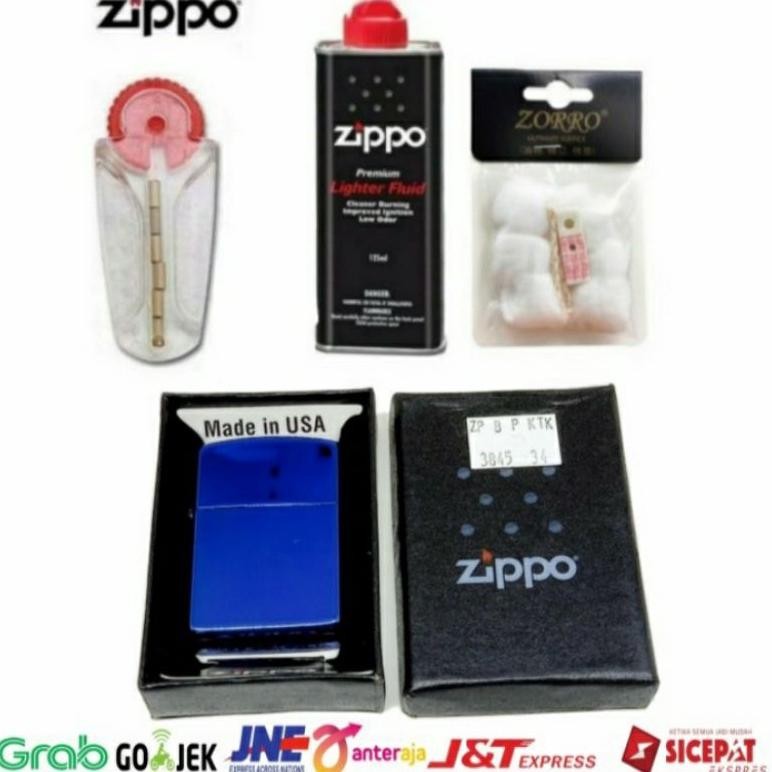 Paket Komplit Korek Zippo Blue Lengkap Plus Minyak Batu Kapas dan Sumbu Zippo