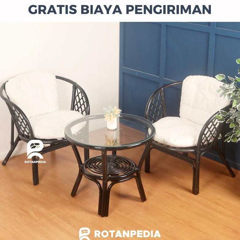 NEW Kursi Teras Bahama Rotan Hitam Minimalis 1 Set | Kursi Tamu Rotan | Kursi Cafe Rotan - Rotanpedi
