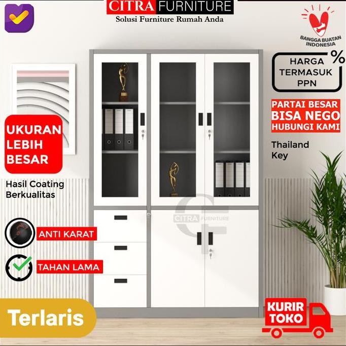 

SALE SHUMO Lemari Arsip Besi 3 pintu kaca laci 3 | Filling Cabinet Kantor