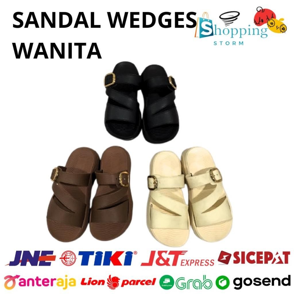 Sandal Wedges Wanita Slip On Wedges Kekinian Empuk Nyawan Korean Style Warna Hitam Putih Coklat