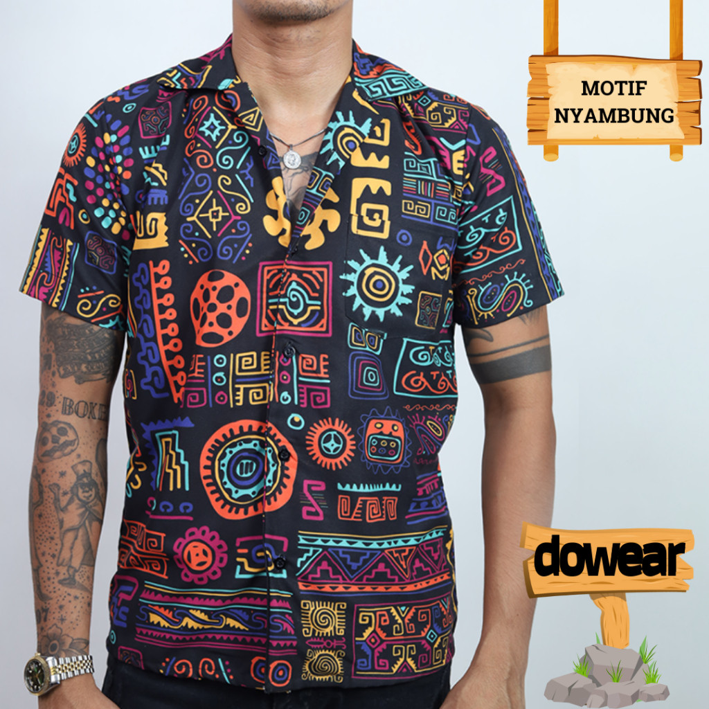 Dowear Baju Kemeja Motif Cewe Cowo Motif Full Printing Oversize Pria Outdoor ABSTRAK HITAM 001