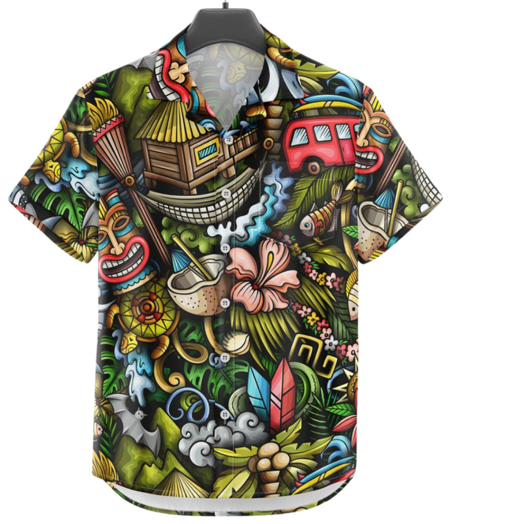 GOKS Baju Kemeja Motif Cowok Cewek Bali Pantai Surfing Hawai Dowear Kemeja Jumbo PANTAI HAWAI 049