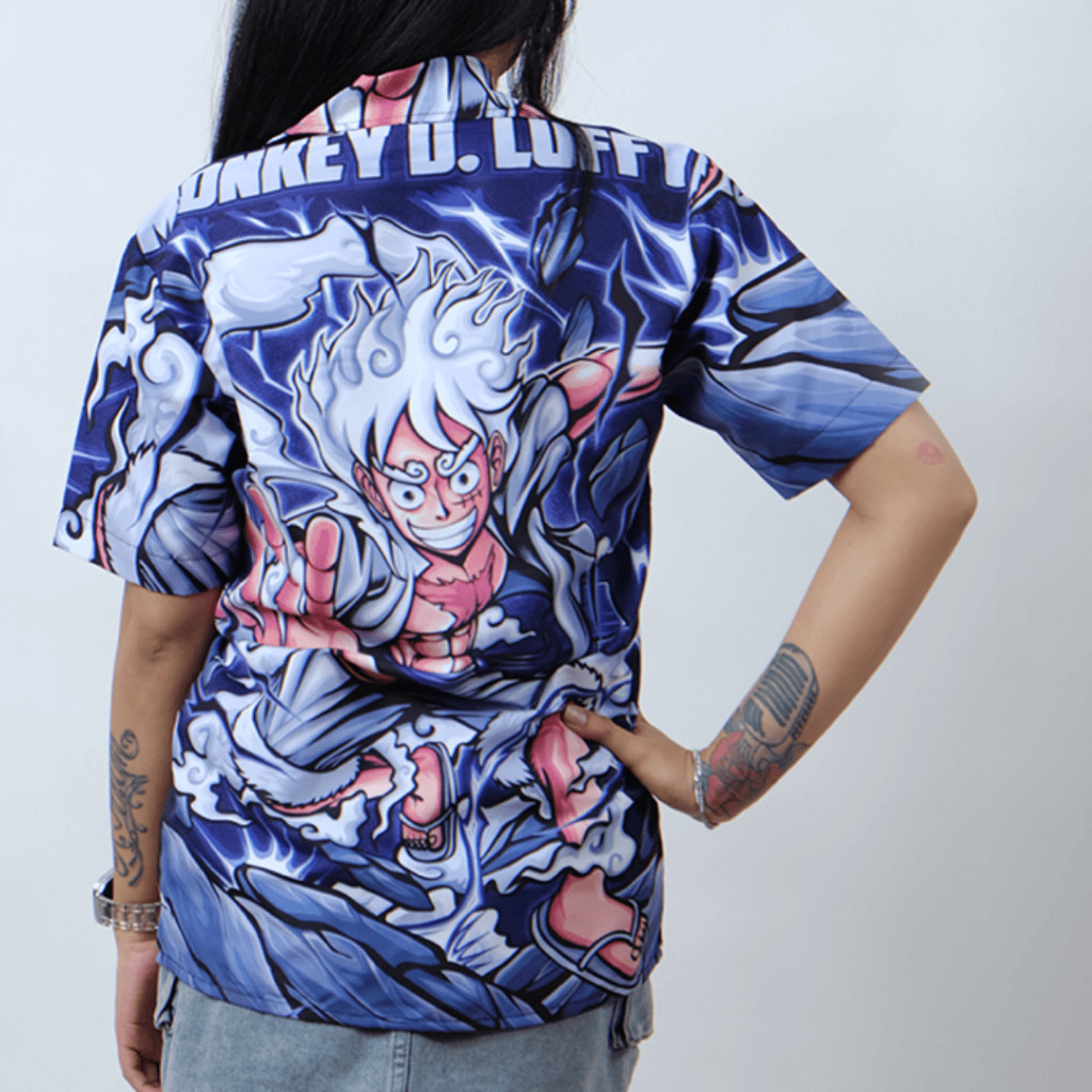 GOKS Baju Kemeja Kekinian Hem Motif Pria Wanita Trend Distro Jumbo Motif 038 LUFFY GEAR 5 ONE PIECE