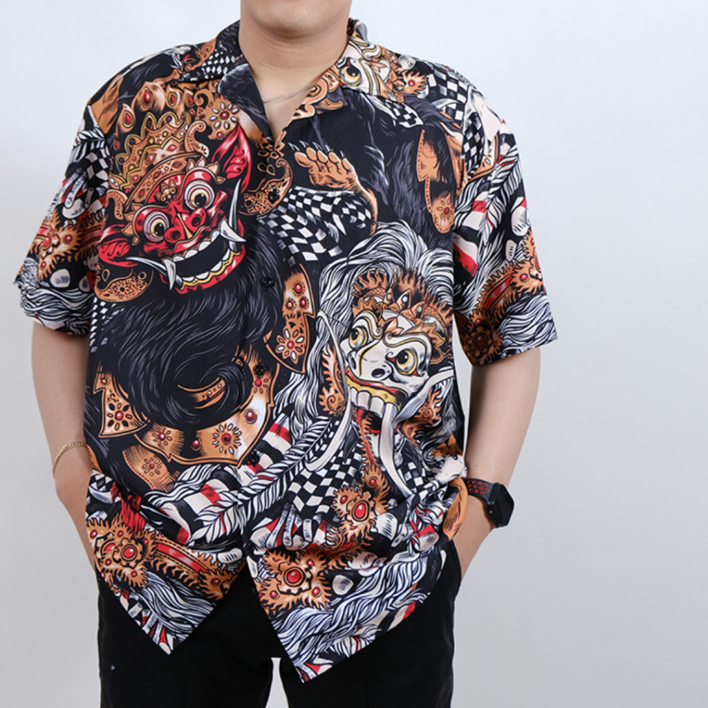 GOKS Baju Kemeja Kekinian Hem Motif Pria Wanita Trend Distro Jumbo Motif Terbaru BARONG RANGDA 187