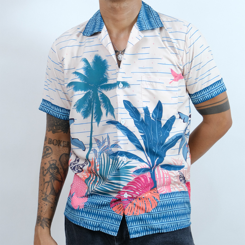 GOKS Baju Kemeja Motif Cowok Cewek Bali Pantai Surfing Hawai Kemeja Jumbo 258 TANAMAN