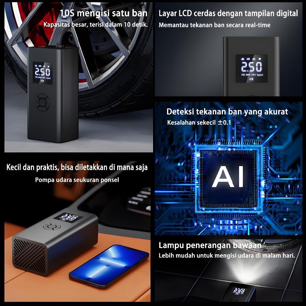 [1 Kali Isi 10 Ban] Pompa Ban Listrik Pompa Ban Motor Dan Mobil 150Psi 80000Mah Tampilan Cerdas Pomp