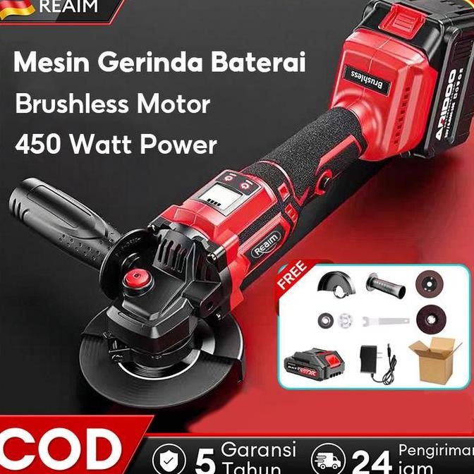 Promo | Reaim Gerinda Baterai Cordless Brushless Mesin Gerinda Tangan Lengkap 4 Mata Angle Grinder E