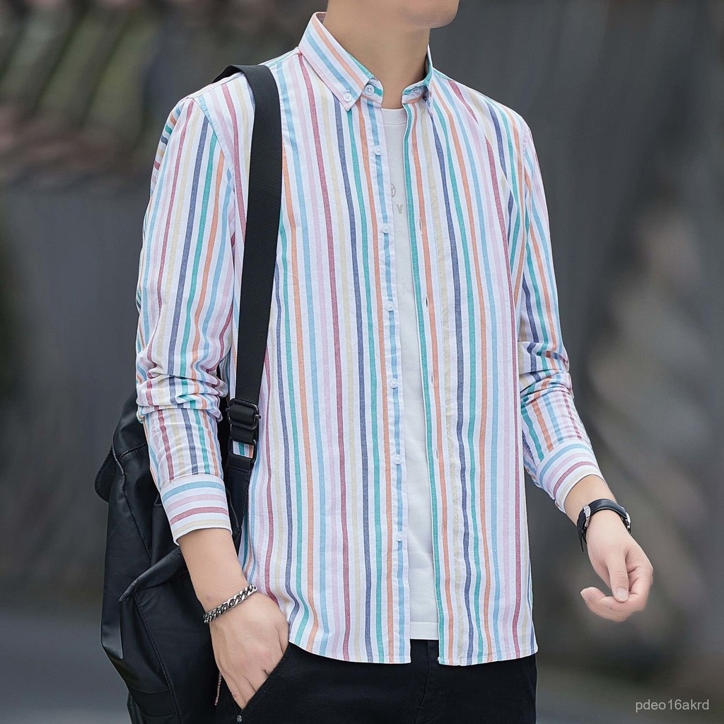 Kemeja Bergaris Katun Murni Pria Lengan Panjang Fashion Santai Jaket Tipis Trendy