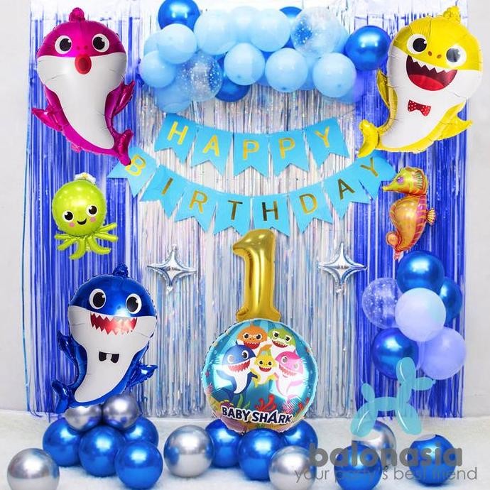 Balon Foil Ulang Tahun Baby Shark sea 2 tirai Set anak