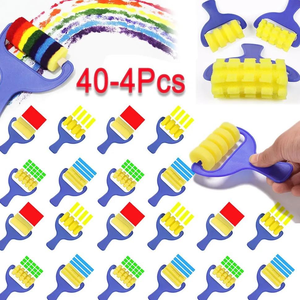 

40-4Pcs Sponge Paint Brush Roll Diy Children Plastic Handle Kids Painting Graffiti Toy Art Drawing Roller School Stationery