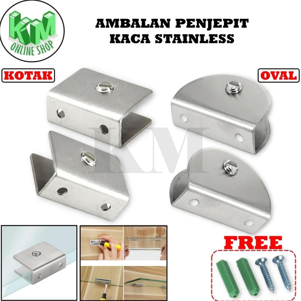 Jepitan Kaca Stainless Oval dan Kotak / Penjepit Ambalan Rak Kaca Braket Penjepit Sekat Kaca