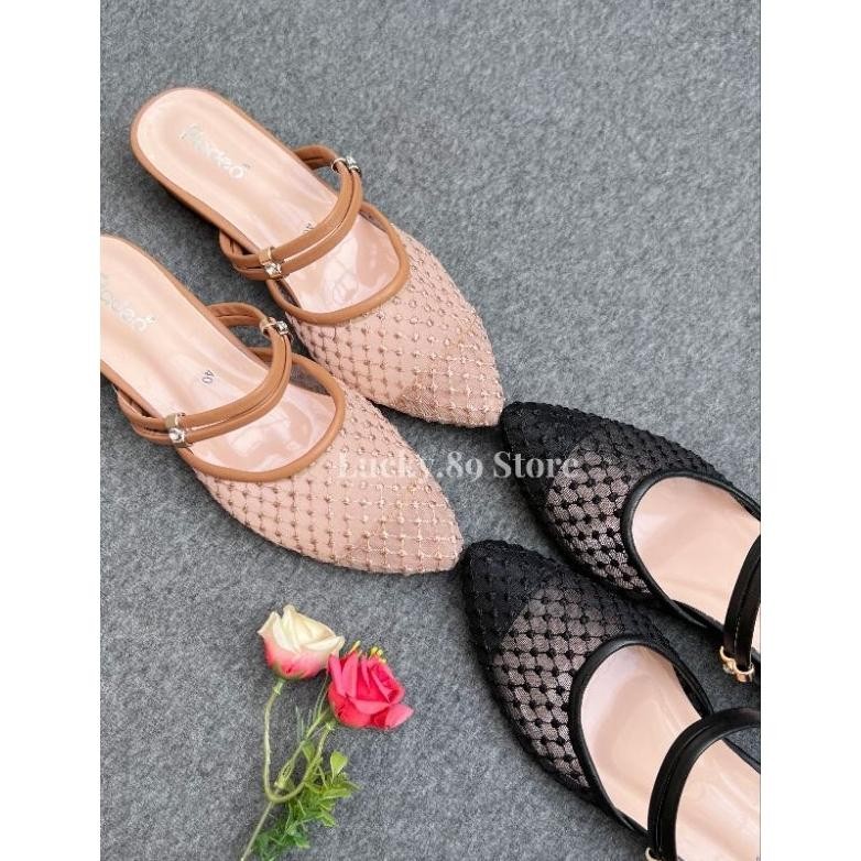 FLADEO Sandal Wanita Brukat Heels 3cm Sendal Pesta Cantik