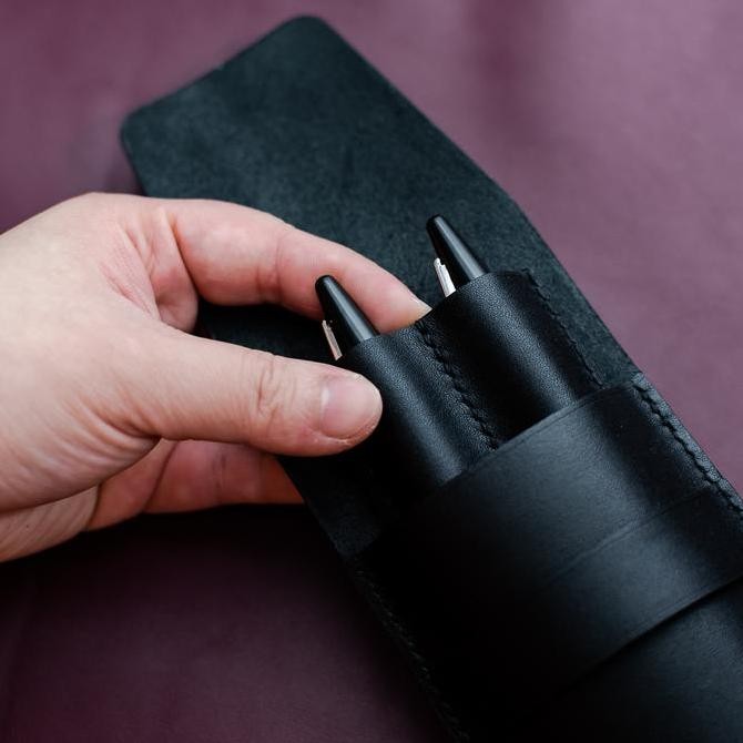 

Black Leather Fountain Pen Case, Double Pen Case, Ballpoint Case Braow Kualitas Original