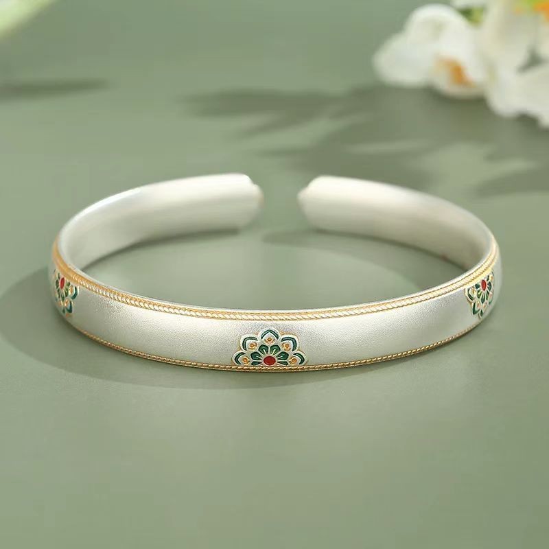Sterling perak 925 Ruyi gelang bunga wanita baru Cina berongga desain enamel