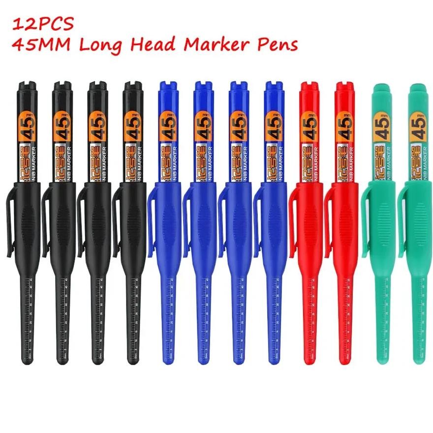 

12Pcs Long Head Marker Pens, Special Oil-Based Woodworking Markers For Ceramics, 45Mm Long Nib, Black/Blue/Red/Green Ink