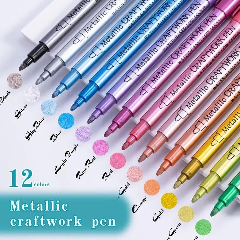

12 Colors Metallic Markers Pens Silver Gold Paint Pens For Black Paper, Glass, Rock Painting, Halloween Pumpkin Scrapbook Album