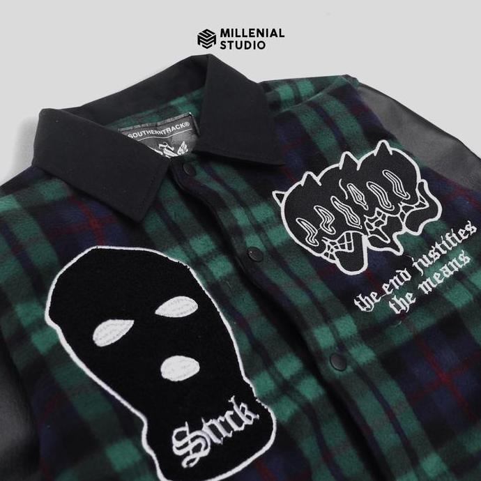 Murah Varsity Jacket Criminal Jaket Kerah Green Flannel Full Bordir Original