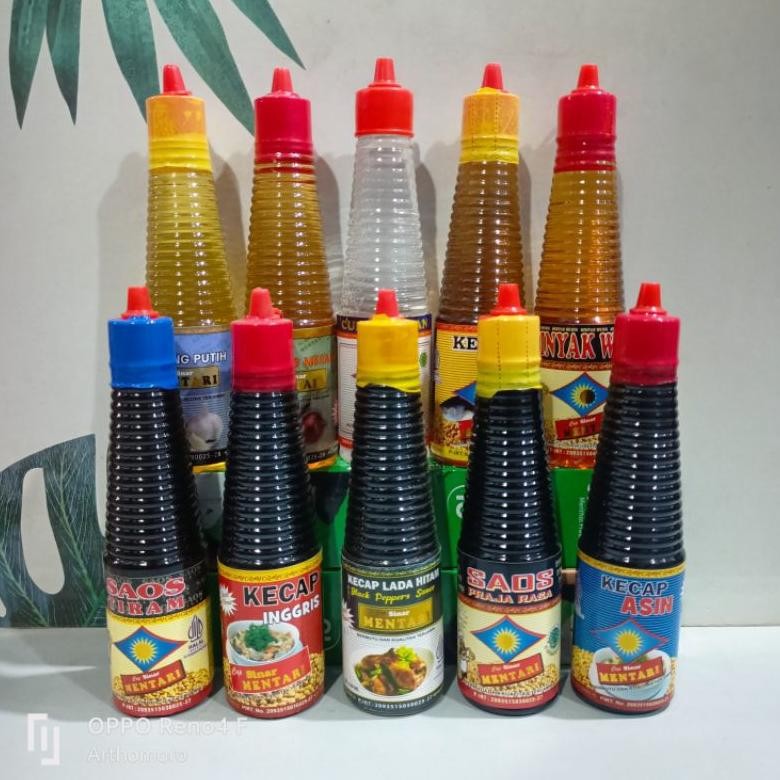 

Minyak wijen 150ml / Saos raja rasa 150ml / Saos tiram 150ml / Kecap inggris 150ml / Kecap ikan 150ml / Kecap asin 150ml / Cuka 135ml / Kecap ladah hitam 150m/kecap sate 150mll