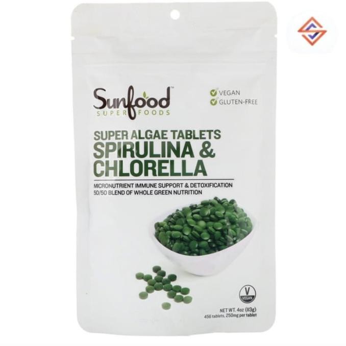 Sunfood Spirulina & Chlorella Super Algae Tabs 250 Mg 456 Tabs Original Produk