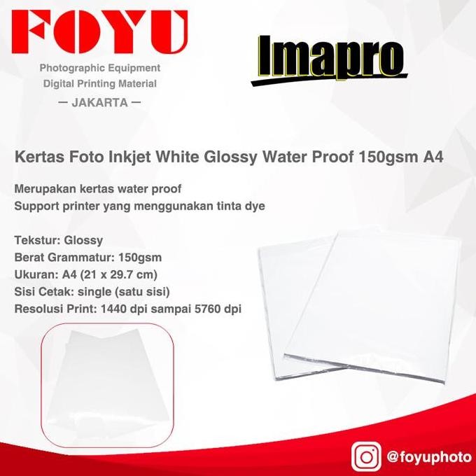 

Kertas Foto Inkjet White Glossy Water Proof 150Gsm A4 Promo