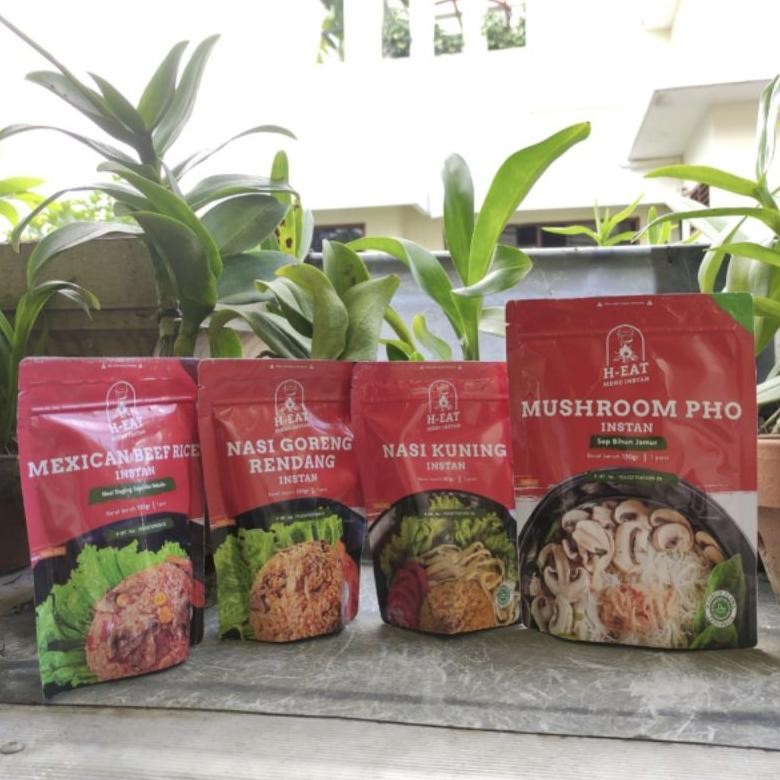

Ready Makanan Instan H Eat Makanan Gunung Nasi Putih, Nasi Kuning, Mashroom Pho, Nasi Goreng Rendang