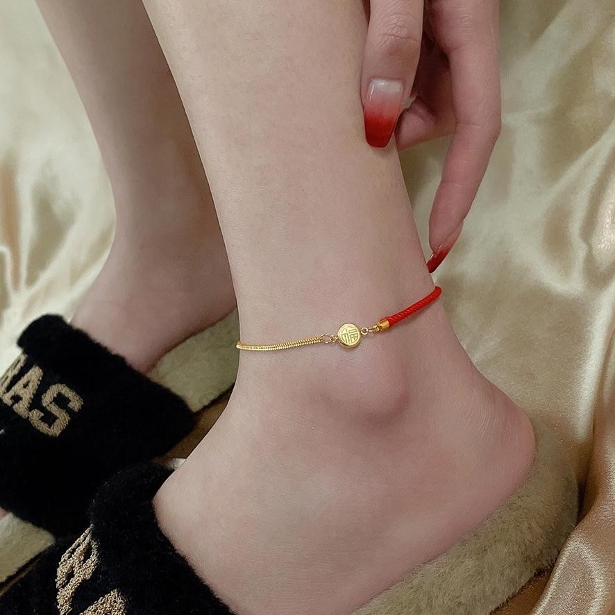 Gelang Kaki Titanium Tali Merah Kekberuntungan Fashion Korea Vintage Elegan Premium Gold Anti Karat 