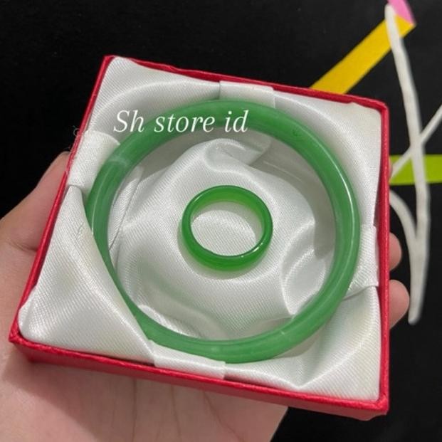 Set Gelang Cincin Batu Giok Gelang Giok Natural Alami Gelang Kesehatan Batu Giok Natural Emerald Gel