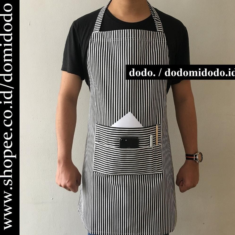 Celemek Apron Barista Handmade - Apron Tali Leher Premium Canvas - Garis Hitam