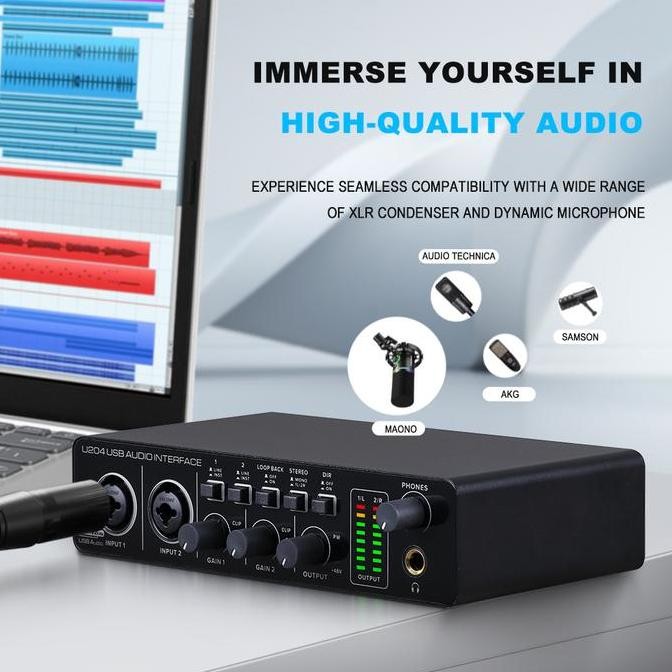 TERBARU - BOMGE U204 USB Audio Interface for PC Computer Recording Music, 2x2 Guitar Audio Interface