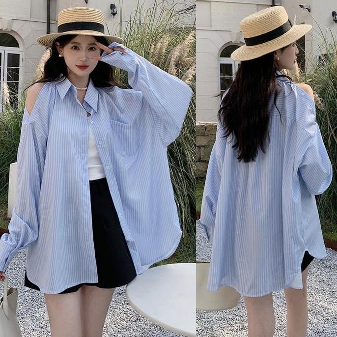 Tersedia Kemeja Bergaris Biru Kemeja Ceruk Desain Wanita Kemeja Polo Longgar Musim Gugur Atasan Keme