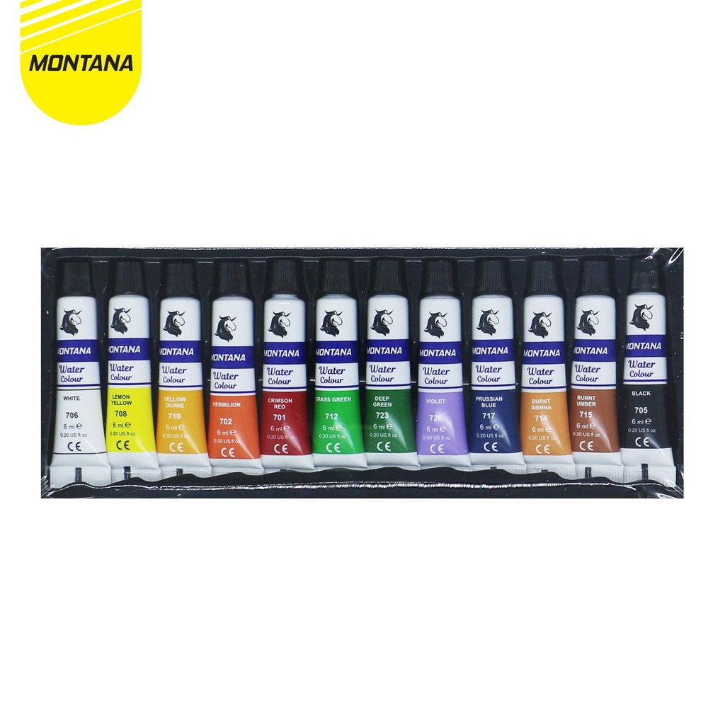 

MONTANA WATER COLOR CAT AIR 12 WARNA X 6ML HIGH GRADE PIGMENTS NONT TOXIC TWC12-PT