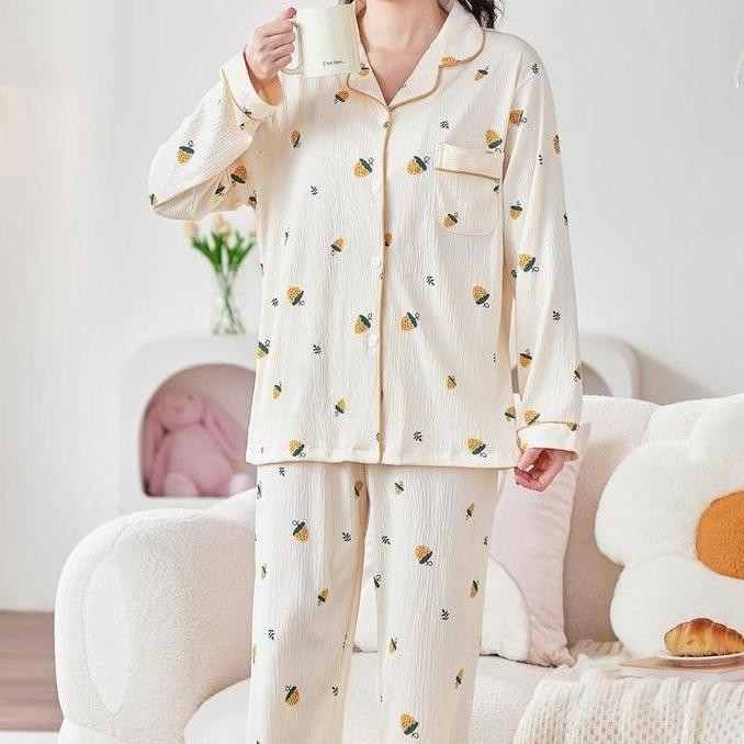 Setelan Piyama Panjang Kerah Kancing Dewasa Premium Wanita Baju Celana Katun Ppk Murah