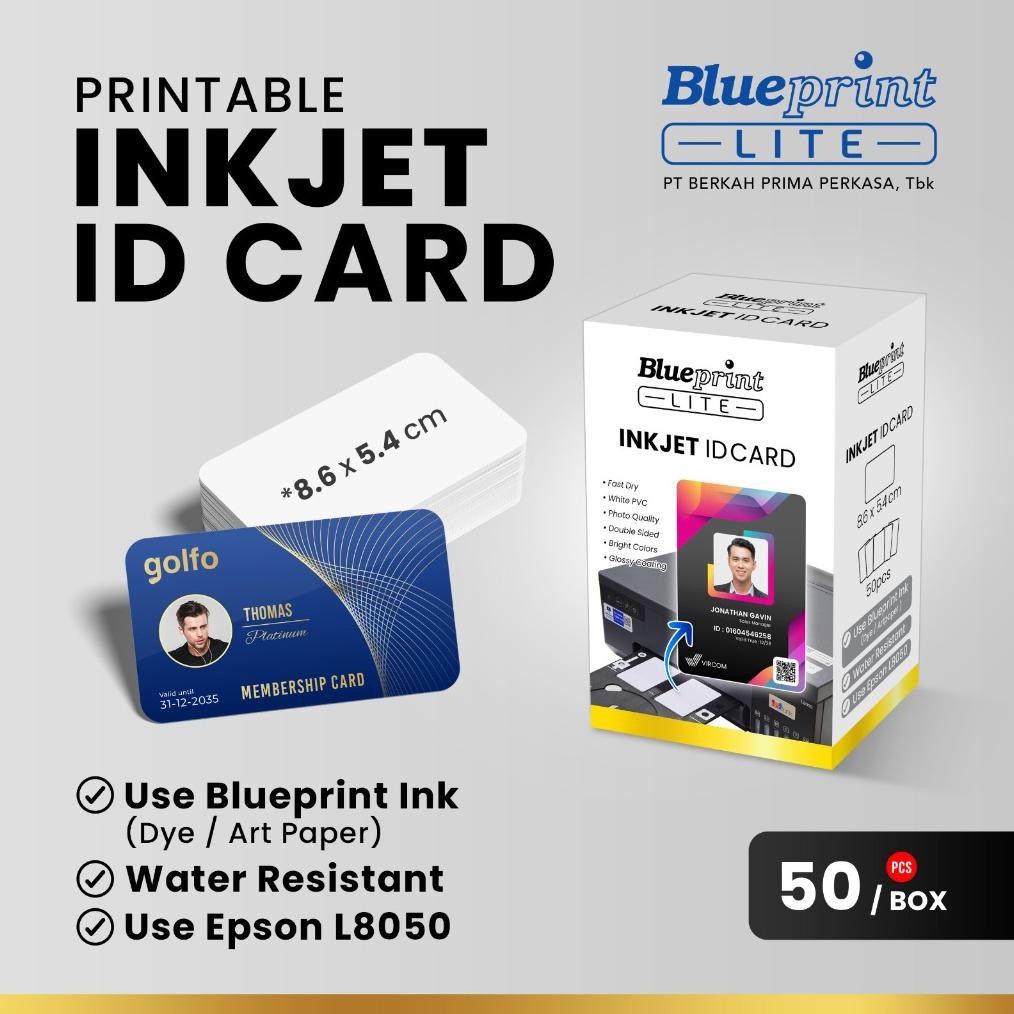 

Printable Inkjet Id Card Blueprint 8.6 x 5.4 cm 760 micron Box Isi 50pcs Print di Epson L8050 AST