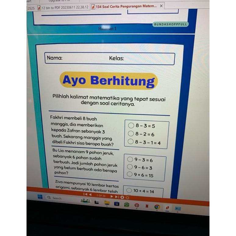 

LATIHAN SOAL MATEMATIKA SOAL CERITA PENGURANGAN 36 LEMBAR SD / TK AST