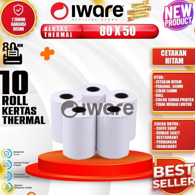 

Iware Kertas Thermal Struk Kasir Coreless Cetakan Hitam 80X50Mm Isi 10 Roll New Stok