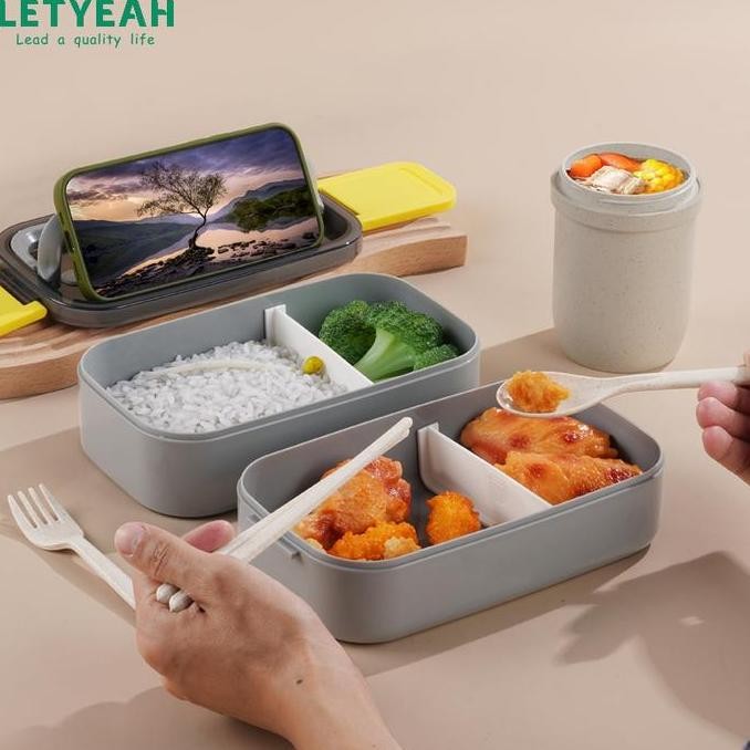 [Bisa ]Letyeah Kotak Bekal Makan Set 1600Ml Lunch Box Set Bento 2 Layer